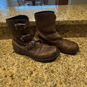 CYDWOQ 3 Buckle Mu Brown Marbled Leather Biker Boots Handmade in USA Luxury 38 8